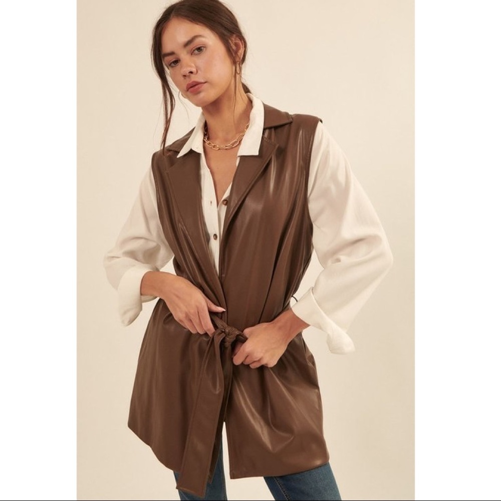 Brown Faux Longer Length Tie Waist Vest